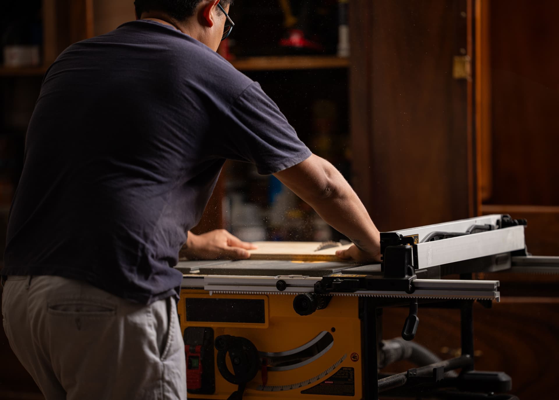 A table saw in a woodworking workshop